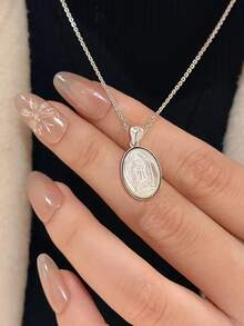 1pc S925 Sterling Silver French Maria Shell Necklace, Unique Minimalist Oval Pendant Necklace, Elegant & Refined, Suitable For Women's Daily Wear, Versatile Choker Gift - Oval - View 12