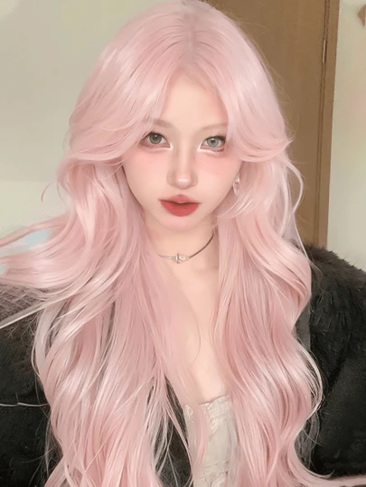 30 Inch Pink Wig For Women, Sweet & Stylish, Suitable For Daily Wear, Middle Part Design, Wavy Bangs, Long Curly Hair, Full Head Coverage