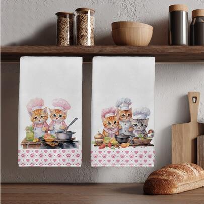 2pcs Cute Chef Cat Pattern Kitchen Towels, 40*60cm Soft Microfiber Material, Suitable For Home, Kitchen, Restaurant, Outdoor Camping, Tabletop Cleaning, Dish Washing, Wiping Hands, Gift