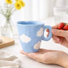创意手工捏花设计陶瓷马克杯 可爱田园风咖啡杯 - 藍色 - 查看 7