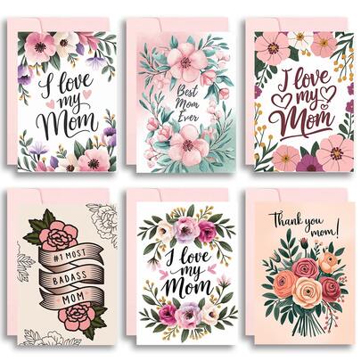 6개 팩 미적 꽃 어머니의 날 카드 - 핑크 봉투가 있는 우아한 수채화 꽃 디자인, 독특한 "엄마" & "최고의 엄마" 인사말 카드, 프리미엄 선물 문구 세트