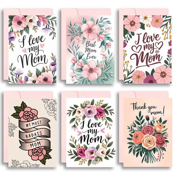 طقم 6 بطاقات عيد الأم ذات تصميم زهري جمالي - تصاميم زهور مائية أنيقة مع أظرفة وردية، بطاقات تهنئة فريدة "أم" و "أفضل أم على الإطلاق"، طقم قرطاسية هدية راقية