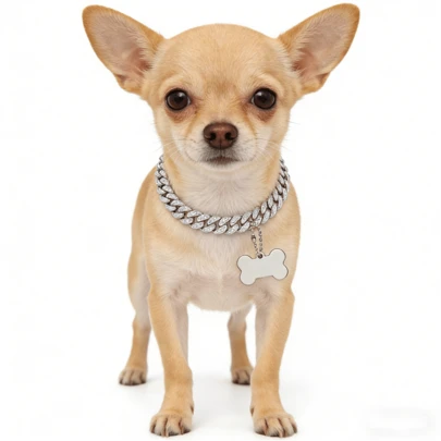 Collar de lujo para mascotas, cadena cubana clásica de aleación de zinc, incrustada con rhinestones a juego con colgante en forma de hueso, colgante de acero inoxidable duradero, adecuado para gatos y perros
