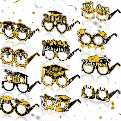 6/12件套毕业派对拍照道具，黑色和金色闪光2026届纸质眼镜，毕业帽和毕业证书主题眼镜装饰，适用于毕业典礼派对装饰和自拍用品，2026届庆祝礼品