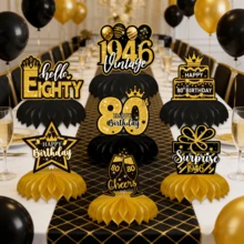 一套80岁生日装饰蜂窝状中心摆件，男女皆宜，黑色金色“80岁生日快乐”中心摆件，餐桌装饰摆件，派对装饰用品，1946年复古做旧桌牌装饰 - 多色 80歲 - 查看 3