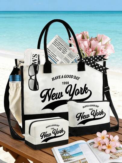 三件套黑白女士沙滩手提包，大容量手提包，带围巾和侧袋，两个便携式化妆包，印有“纽约”字样。可重复使用的旅行购物手提包和化妆包，时尚眼镜，草编遮阳帽，节日礼品袋，是度假旅行的完美之选，也是夏季必备单品。适合婚礼、生日、节日、母亲节、教师节等场合。是送给女性、母亲、教师、朋友、伴娘、学生以及返校人士的绝佳礼物。