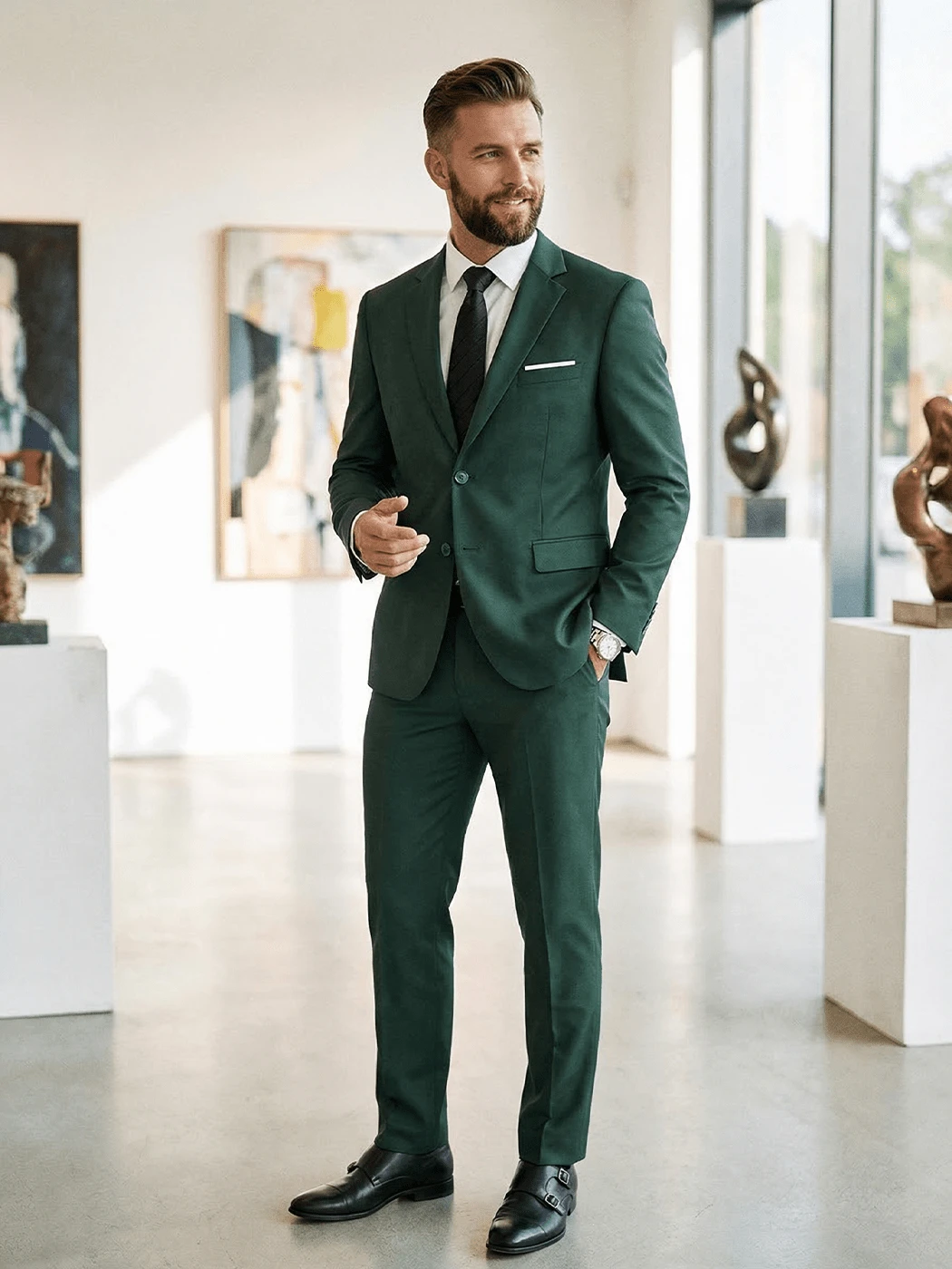 Men's 3 PiecesSuit Set Blazer&Pants&Striped Tie Versatile Elegant Formal Wear Slim-Fit Business Casual Office Work Events Wedding Daily Occasions - Dark Green - View 1