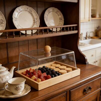 1 unidade de tampa multifuncional em acrílico para bolos com base de bambu, ideal para uso em cozinhas domésticas e cafés. Possui um design simples e rústico, perfeito para exibir sobremesas, doces e salgados.