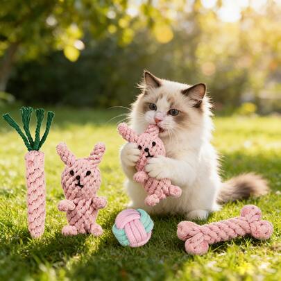 4件装宠物打结洁牙玩具，兔子胡萝卜造型，猫狗通用，有助于清洁牙齿 - 耐用宠物用品，猫狗磨牙玩具，适合