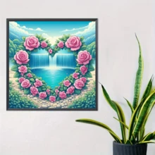 1件套全新心形玫瑰瀑布主题钻石画套装，5D圆形水晶钻石马赛克DIY工艺品，适合制作手工礼物，装饰客厅、卧室，可用于宰牲节、父亲节、母亲节、婚礼、五一劳动节、复活节、圣诞节、情人节等场合，无框。 - 查看 9