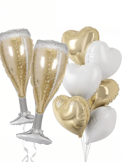 6/8pcs Champagne Balloons, Engagement Party Balloons, Champagne Bottles, Glass Foil, Polyester Film Balloons, Golden And White Heart-Shaped Balloons, Wedding Anniversary, Single Birthday, Bridal Gift Decoration, Themed Party