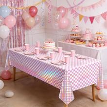 1 Pack Pink & Rainbow Plaid Disposable Holographic Foil Tablecloth, Plastic Laser Rectangle Tablecloth Suitable For Picnic, Birthday Party, Racing Event - Multicolor - View 5