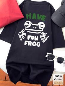 Cute Cartoon Print Short Sleeve Mid-Length T-Shirt, Casual Top For Women Black Summer - Black - View 3