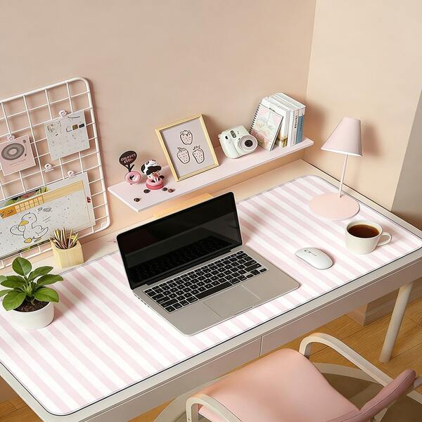 INS Style Pink & White Striped Mouse Pad, Cute Desktop Decor Mat, Thickened Non-Slip Office & Gaming Keyboard Pad