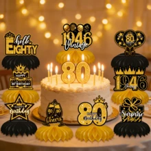 一套80岁生日装饰蜂窝状中心摆件，男女皆宜，黑色金色“80岁生日快乐”中心摆件，餐桌装饰摆件，派对装饰用品，1946年复古做旧桌牌装饰 - 多色 80歲 - 查看 4