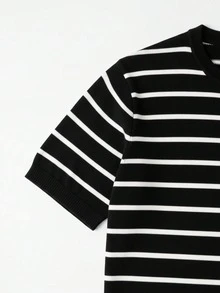 GRDR Men's Minimalist Striped Basic Crew Neck Short Sleeve Knit Sweater, Spring/Summer - Black - View 6