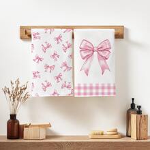2pcs Minimalist Pink Bow Pattern Kitchen Towels, Soft Polyester Material Dish Cloths, Suitable For Kitchen Decor, Cleaning, Holiday Party Decoration, Kitchen & Bathroom Essentials, Home Decor, Housewarming Gift - Multicolor - View 2