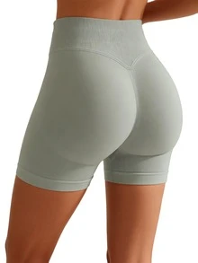 Pantalones cortos deportivos para mujer de alta elasticidad y sin costuras, adecuados para deportes al aire libre, entrenamientos de yoga en el gimnasio, pantalones cortos de ciclismo al aire libre, pantalones cortos ajustados que levantan los glúteos y se ajustan al cuerpo. - Gris Claro - Ver 3