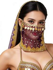 Bohemian Coin Fringe Sequin Embellished Sheer Mesh Face Veil - Exotic Belly Dance Accessory, Music Festival & Halloween Cosplay Face Decor (Multiple Colors Available) - Multicolor - View 15