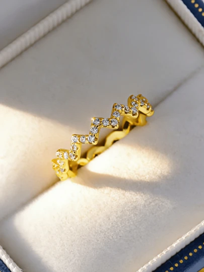 Flyleaf 1枚奢华S925纯银镀18K金全镶立方氧化锆多层波浪锯齿开口戒指，通勤及日常佩戴皆宜