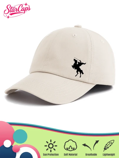 1顶男女通用经典纯色棒球帽 - 侧边饰有简约马术骑士剪影刺绣 - 多种亮丽颜色可选 - 透气可调节低帽檐，适合日常时尚、户外活动和马术爱好者的礼物