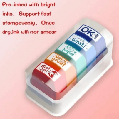 5pcs Colorful Set Self-Inking Rubber Stamps, Photosensitive Teacher Review Stamps, Suitable For Educational Rewards, Evaluation Incentive Stamps, Educational Behavior, Clear Marks, Colorful Imprint With Storage Tray