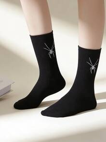1 Pair Spider Pattern Black Mid-Calf Socks, Minimalist Fashion, Suitable For Daily Wear - Black - View 1