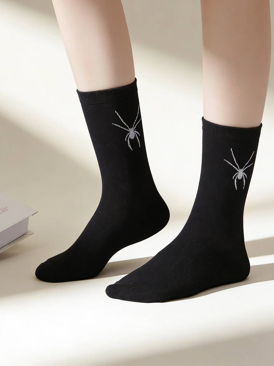 1 Pair Spider Pattern Black Mid-Calf Socks, Minimalist Fashion, Suitable For Daily Wear - Black - View 1