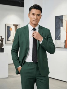 Men's 3 PiecesSuit Set Blazer&Pants&Striped Tie Versatile Elegant Formal Wear Slim-Fit Business Casual Office Work Events Wedding Daily Occasions - Dark Green - View 2