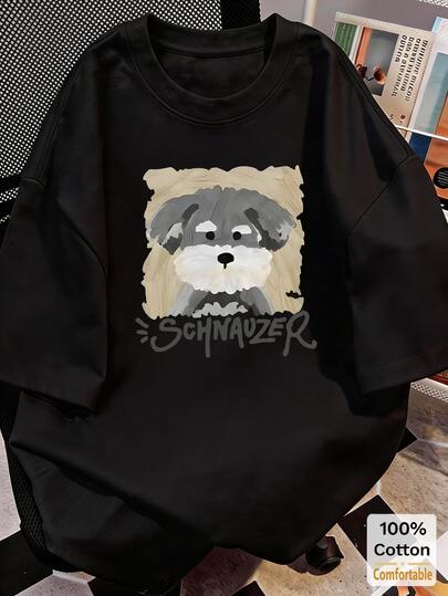 棉质卡通小狗印花短袖中长款T恤，时尚休闲女式上衣，黑色