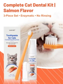 3件套猫咪口腔护理套装：鲑鱼酵素牙膏、软毛牙刷和硅胶指套牙刷 - 全面口腔卫生护理套装，去除牙菌斑、控制牙垢、保持口气清新 - 彩色 - 查看 1