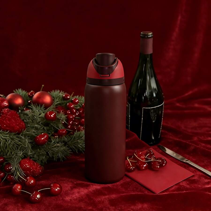 OwaIa Black Cherry Large Capacity Stainless Steel Water Bottle,32oz/945ml,With A Straw,Exquisite Appearance,Keeps Drinks Hot Or Cold,Can Hold Iced Drinks And Water,Suitable For Leisure,Work,Sports,Indoors And Outdoors,Suitable For Students And Office Workers,As A Gift - 黑櫻桃 - 查看 1