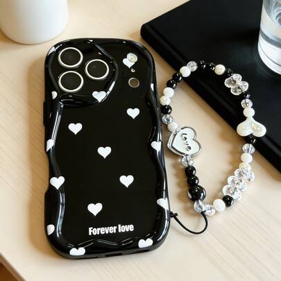 兼容 17、17 Pro、17 Pro Max、17 Air、16、15、14、13、12、11 / S26、S25、24、23、22 Ultra、A52、A53、A54、A55、A56、07、A17 / /，防指纹、防震、防摔手机壳。1 件装时尚可爱 Ins 清新爱心图案 + 爱心手链不对称奶油色手机保护壳。