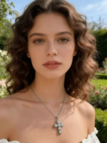 女士不锈钢十字架吊坠项链，镶嵌全铺镶人造钻石，时尚奢华优雅吊坠项链 - 銀色 - 查看 15