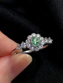 1枚S925纯银合成浅绿色锆石戒指，波西米亚风优雅日常及派对佩戴饰品，女士款 - 銀色 - 查看 2