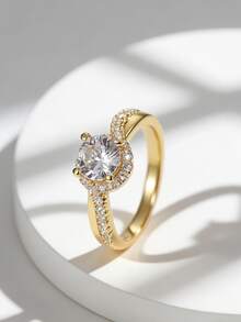 Charm-In 18K镀金弧形戒托圆形明亮式切割钻石戒指，配部分光环和密镶侧钻——优雅的女士承诺戒指 - 金色 - 查看 1