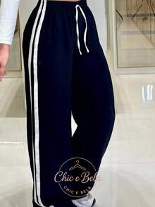 Women's Two-Tone Striped Pants - Modern Style - Extremely Comfortable - 黑色的. - 查看 1