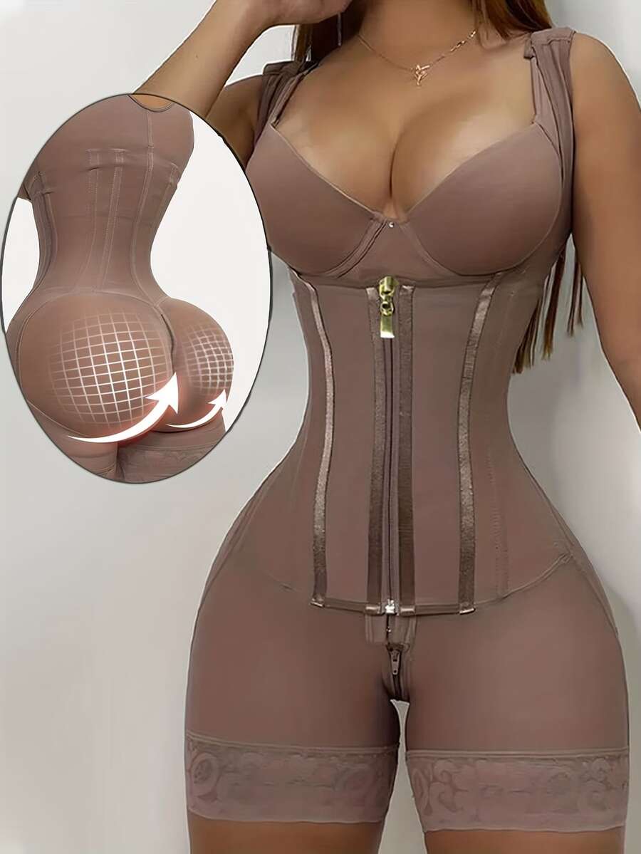 [Shapewear Bodysuit] 2-In-1 Adjustable Abdominal Control Shapewear Bodysuit |High Compression Spandex Mid-Support Tummy Trimmer With Hip Enhancer, Seamless Solid Color For Casual Attire & Workouts, Elegant Design | Strong Support Lines, Waist Trainer - Rusty Rose - View 1
