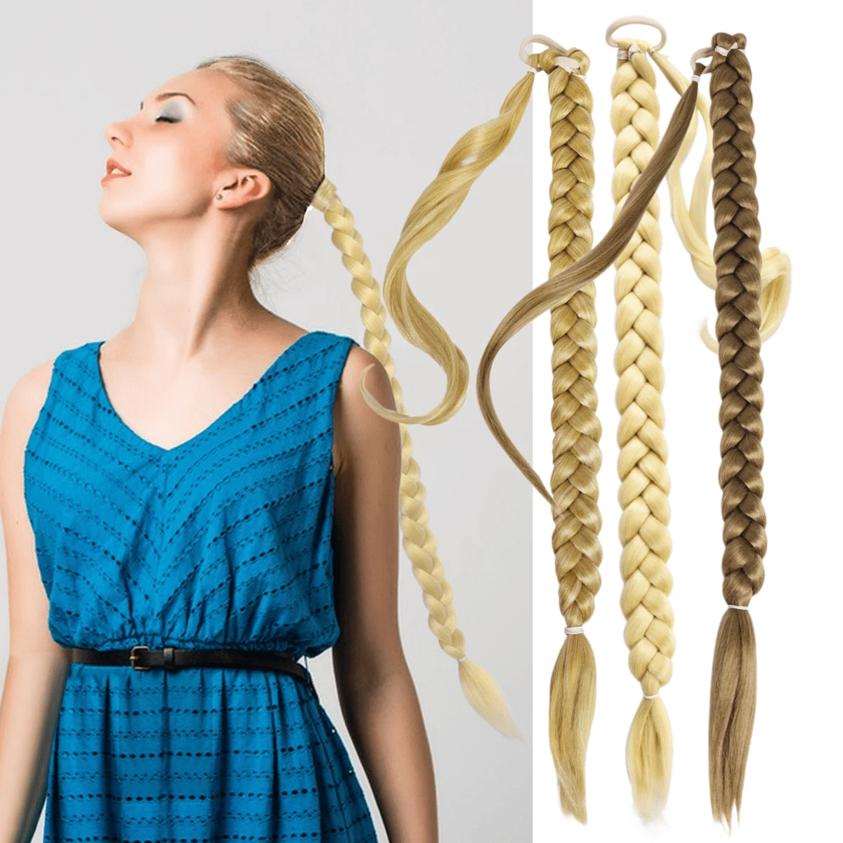 Extensión de cabello trenzado para cola de caballo de 28 pulgadas, pieza de cabello trenzado recto y esponjoso natural para mujeres - Multicolor - Ver 1