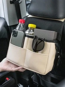 汽车座椅靠背收纳袋，头枕内嵌式设计，PU皮革网布材质，多口袋设计，可放置水瓶、手机、纸巾等，时尚百搭。 - 椅背收納袋 - 查看 2