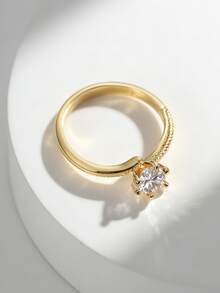 Charm-In Classic 18K Gold Plated Six-Prong Solitaire Ring | Round Cut CZ With Milgrain Shank | Perfect Engagement & Promise Jewelry - Gold - View 2