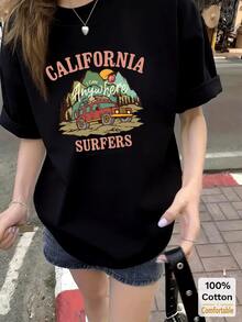 Cartoon Pattern Short Sleeve Mid-Length T-Shirt, Fashionable Casual Top For Women Black Summer - Black - View 1