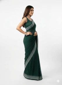 Estationeryhouse Designer Georgette Saree With Shimmer Stripes, Swarowski Work, Large Border, With Unstitched Blouse Piece - Green - View 3