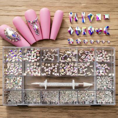 Bộ đá đính móng tay tự làm cao cấp 21 ô, đá đính phẳng bằng thủy tinh, đá đính không đều, bộ trang trí móng tay tự làm, quà tặng cho bé gái.