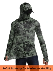 RODEEL Men's Outdoor Hooded Sweatshirt With Face Mask And Neck Protection, Thumb Holes, Soft & Lightweight, 4-Way Stretch Sports - Army Green - View 7