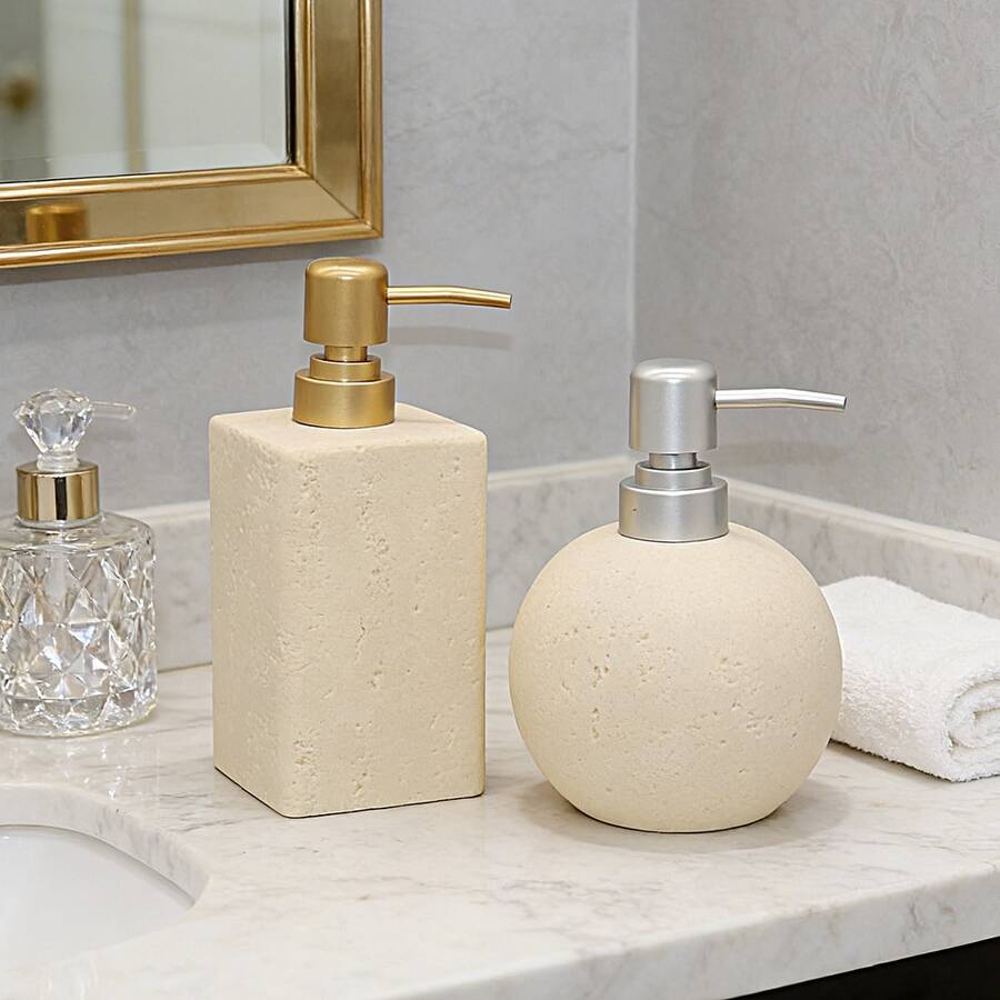 Premium Soap Dispenser, Manual Pump Bottle, Suitable For Shampoo, Body Wash, Hand Wash, Hotel & Home Bathroom Lotion Bottle, Soap Dispenser Set, Travertine Style - Yellow Travertine Cylindrical Bottle (silver Coin Pump) - View 1