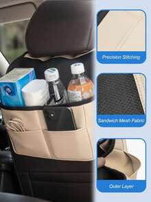 汽车座椅靠背收纳袋，头枕内嵌式设计，PU皮革网布材质，多口袋设计，可放置水瓶、手机、纸巾等，时尚百搭。 - 椅背收納袋 - 查看 8