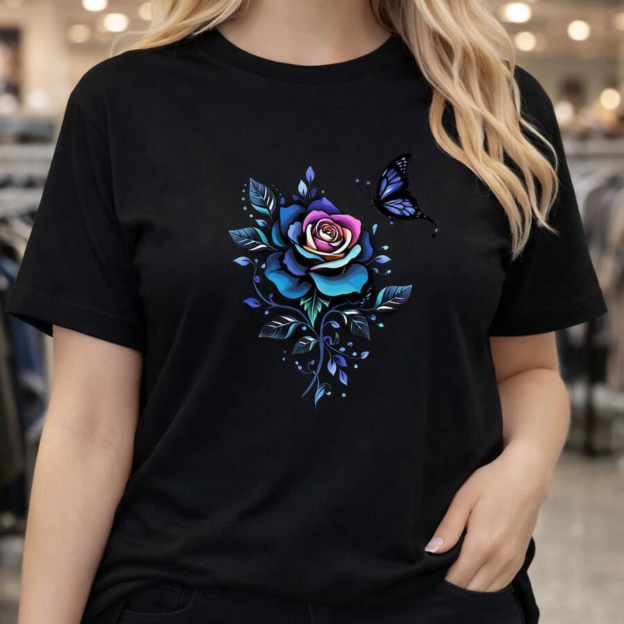 Camiseta de algodón para mujer con estampado de rosas y mariposas coloridas, camiseta informal de manga corta y corte holgado para uso diario, regalos de cumpleaños, regalos de Navidad, regalos de Halloween o como camiseta conmemorativa para amigos o seres queridos. También es adecuada como suéter. Entrega rápida. - Negro - Ver 1