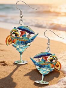 2D Tropical Parrot Acrylic Drop Earrings, Double-Sided Printed, Hawaiian Cocktail Glass Design, Summer Bird Drop, Beach Party Earrings - Parrot Cocktail Glass - View 1