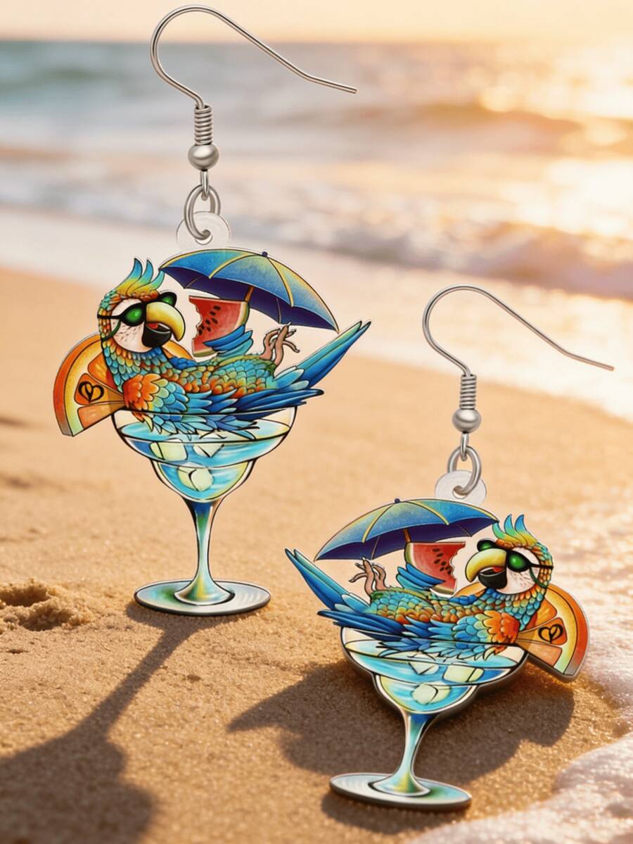 2D Tropical Parrot Acrylic Drop Earrings, Double-Sided Printed, Hawaiian Cocktail Glass Design, Summer Bird Drop, Beach Party Earrings - Parrot Cocktail Glass - View 1